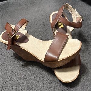 Stylish Brown Leather Wedges with Adjustable Strap